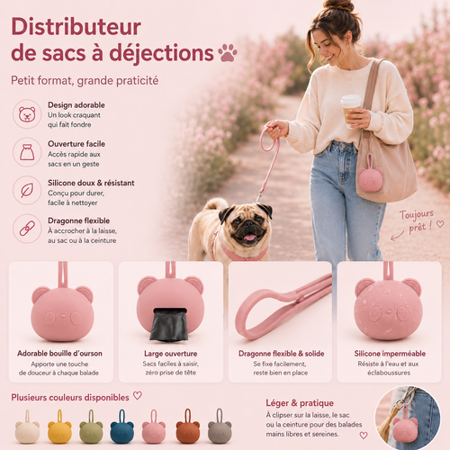 Distributeur de sacs à crottes pour chien en silicone forme ourson